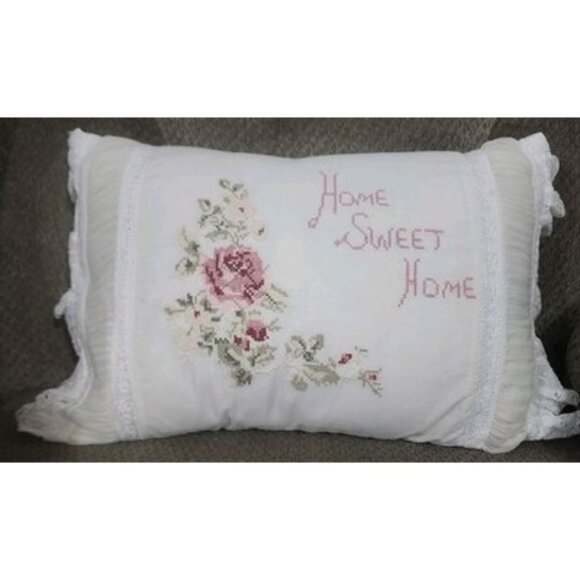 Simply Shabby Chic Home Sweet Home Pillow VTG  10x15 Embroidered ruffle cottage - Picture 1 of 16